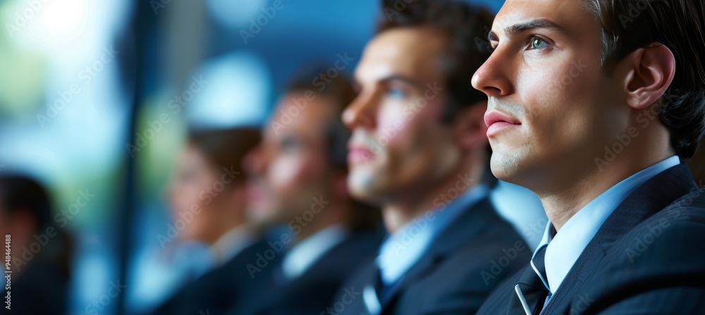 Obraz premium Business leaders in suits confidently working in a modern office.