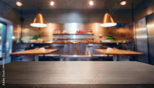 Wooden Countertop with Bakery Display in Softly Blurred Background. Fresh Bread, Pastries, and Bakery Decor, space for text