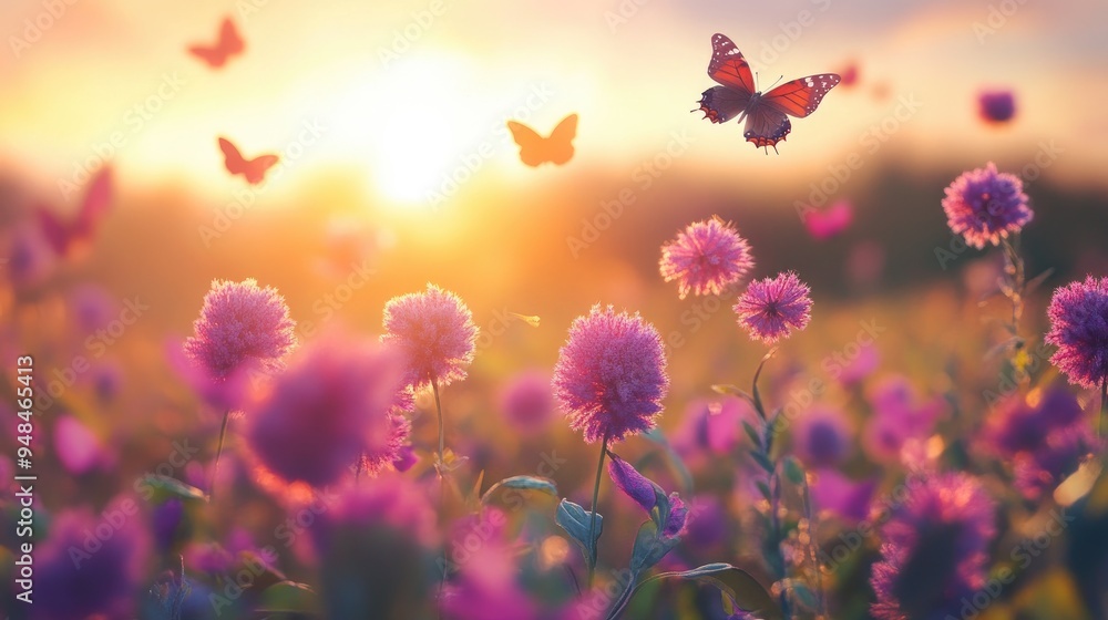 Naklejka premium Colorful globe amaranth field under the sun, with butterflies dancing in the air, set against a realistic and serene background