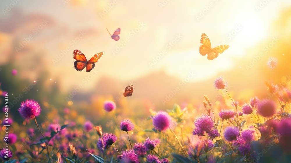 Colorful globe amaranth field under the sun, with butterflies dancing in the air, set against a realistic and serene background Colorful globe amaranth field under the sun, with butterflies dancing in the air, set against a realistic and serene background