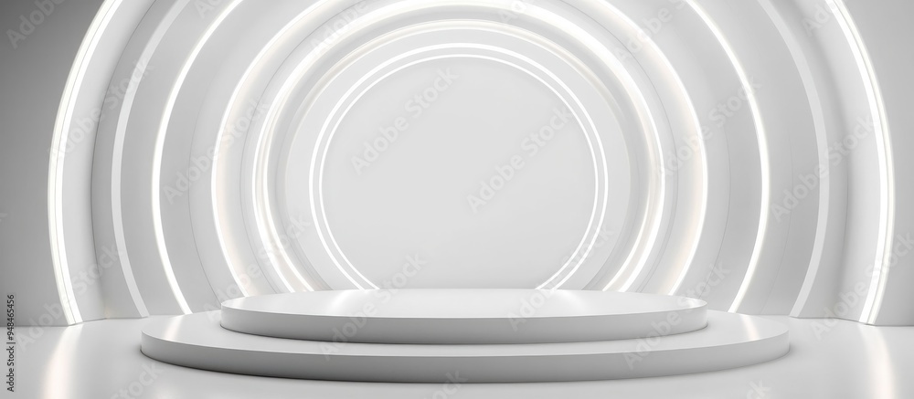 Fototapeta premium Minimalistic abstract 3D background in white featuring neon lights illuminating the walls of a circular stage 3D illustration