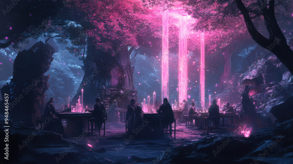 Obraz premium Chilling tavern in a shadowy forest, pink auroras overhead, dark elf patrons, crystal