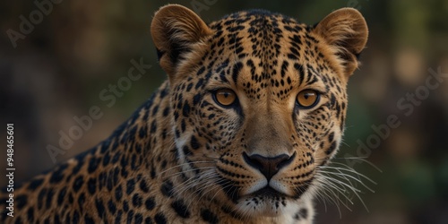 A close-up of a leopard's face with a blurred background.