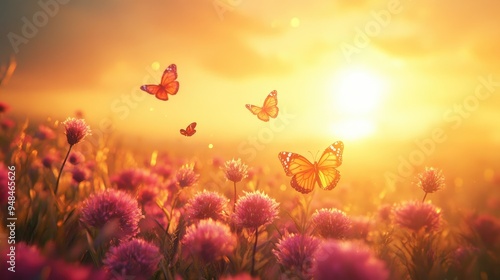 Wallpaper Mural Colorful globe amaranth field under the sun, with butterflies dancing in the air, set against a realistic and serene background Torontodigital.ca