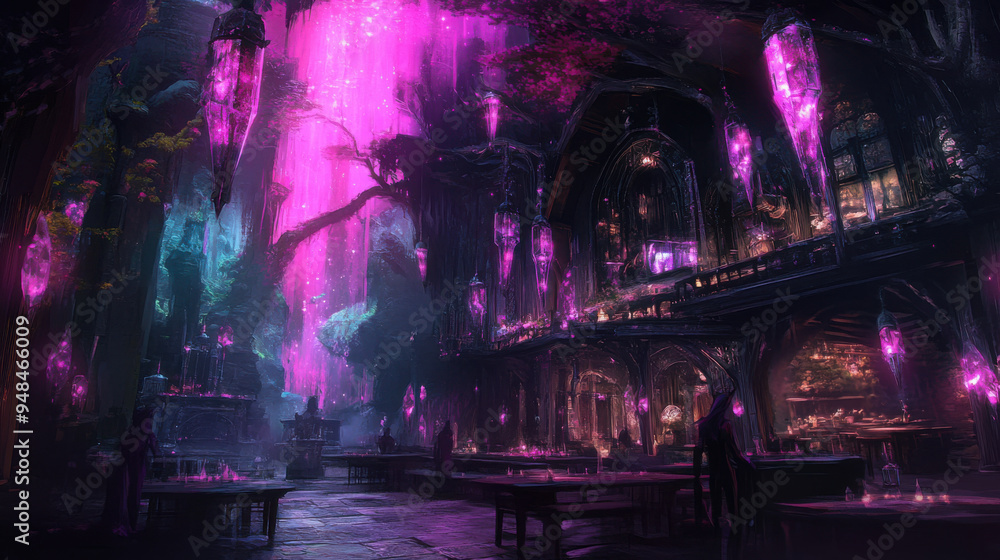 Chilling tavern surrounded by a dark forest, illuminated by pink auroras, dark elf visitors, Chilling tavern surrounded by a dark forest, illuminated by pink auroras, dark elf visitors,