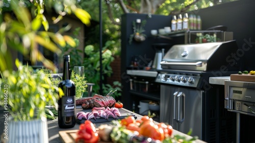 Create a vibrant scene of an outdoor patio with weather-resistant appliances, including a smart grill, outdoor refrigerator, and automated garden watering system.