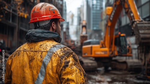 A construction worker clad in safety gear observes an excavator amidst the rubble at a bustling urban construction site, highlighting the ongoing development in modern cities. #948466428