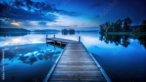 Dark blue atmospheric setting around a serene lake pier photo