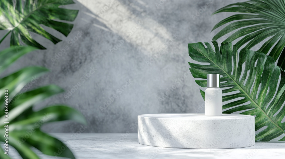 3D render of a minimal abstract cosmetic background featuring a bottle podium and green palm leaf on a grey backdrop, with objects isolated and clipping path included. 3D render of a minimal abstract cosmetic background featuring a bottle podium and green palm leaf on a grey backdrop, with objects isolated and clipping path included.