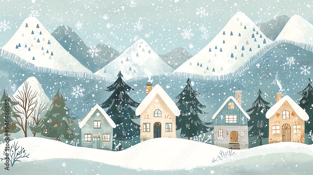 Naklejka premium Charming winter village with snow-covered houses and mountains, surrounded by pine trees and falling snowflakes on a tranquil day.