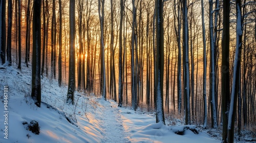 The Bieszczady forest in winter, with snow blanketing the trees and the warm light of a sunset creating a magical scene.