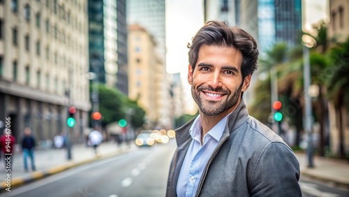 Handsome Latin male in his 30s with charming smile and stylish hair, dressed in casual attire, posing confidently against a vibrant city street background.