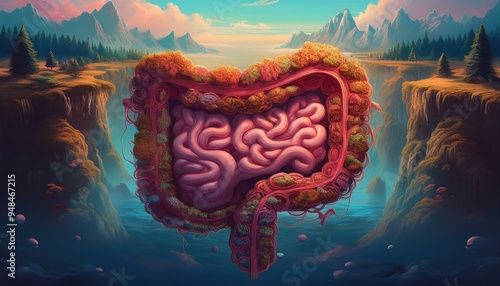 A surreal interpretation of the digestive system, reimagined as a fantastical landscape. photo