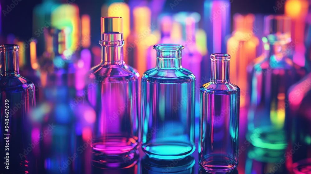 Dynamic futuristic background featuring abstract glass bottles in different shapes and vibrant colors, creating a striking visual effect Dynamic futuristic background featuring abstract glass bottles in different shapes and vibrant colors, creating a striking visual effect