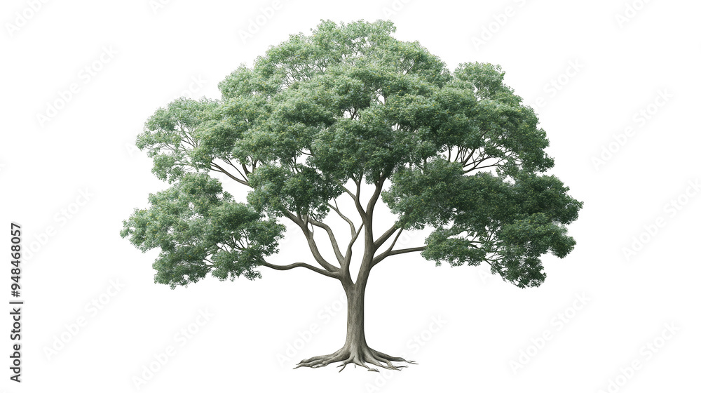 Obraz premium A lush green tree with a thick trunk and sprawling branches, symbolizing nature, growth, and tranquility in a serene landscape.