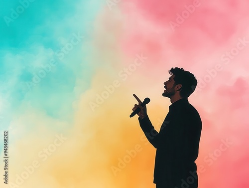 A person using a speechgenerating device during a work meeting, confidently sharing ideas close up, confidence theme, vibrant, Silhouette, conference room backdrop photo