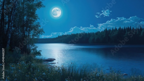 The full moonaes light bathes the clear blue sky, highlighting the gentle waves of a vast, serene lake surrounded by trees.