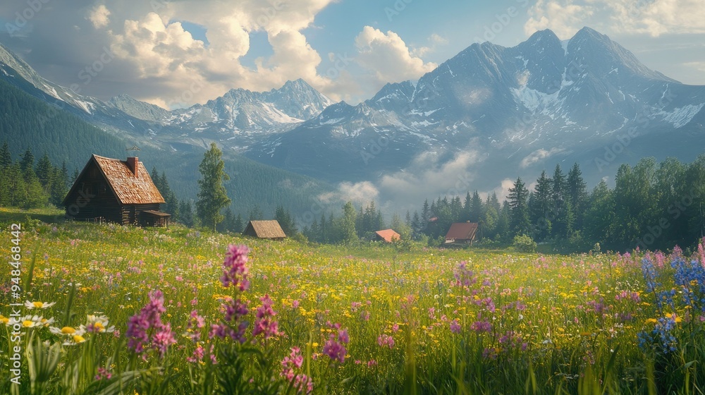 The Tatra Mountains create a stunning backdrop to a field of wildflowers and charming cottages in the tranquil Gasienicowa Valley. The Tatra Mountains create a stunning backdrop to a field of wildflowers and charming cottages in the tranquil Gasienicowa Valley.