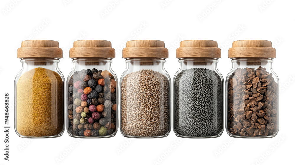 Stylish glass jars filled with colorful spices and herbs, perfect for enhancing culinary creativity in any kitchen. Stylish glass jars filled with colorful spices and herbs, perfect for enhancing culinary creativity in any kitchen.