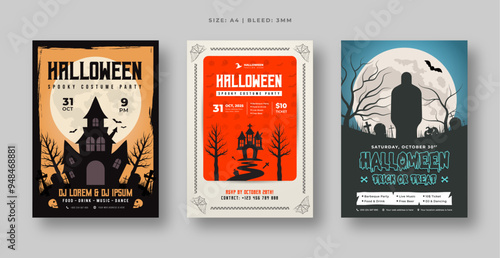 Printable Halloween party poster and flyer set - scary haunted house, pumpkin, bats, and full moon