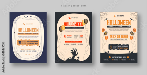Happy Halloween party flyer and poster set. Pumpkin, ghosts, and spooky elements for events