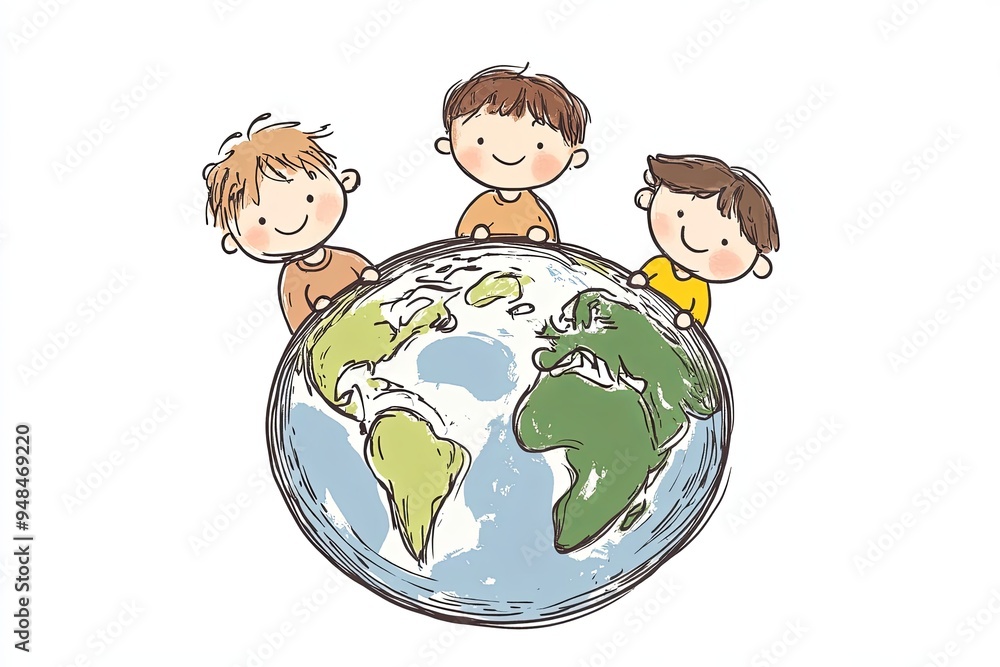Three cartoon children hold up a globe of the earth. Three cartoon children hold up a globe of the earth.
