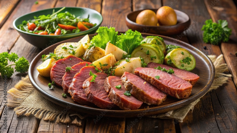 Hearty St. Patrick's Day dish featuring tender slices of corned beef, crispy potatoes, and vibrant green cabbage, served on a rustic wooden table. Hearty St. Patrick's Day dish featuring tender slices of corned beef, crispy potatoes, and vibrant green cabbage, served on a rustic wooden table.