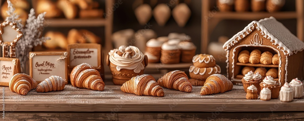 A gingerbread bakery with fresh bread made from croissants and eclairs on display, photorealistic, hyper-resolution, comforting and warm sweet retreat A gingerbread bakery with fresh bread made from croissants and eclairs on display, photorealistic, hyper-resolution, comforting and warm sweet retreat