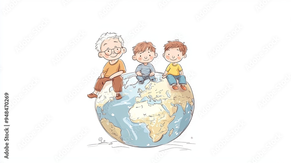 Three cartoon characters, a grandfather and two grandsons, sitting on a globe, representing the world. Three cartoon characters, a grandfather and two grandsons, sitting on a globe, representing the world.