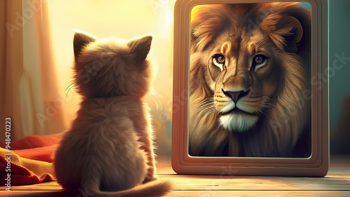 A small cat looks into a mirror and imagines itself as an adult predator. A kitten sees a lion's reflection in a mirror. photo