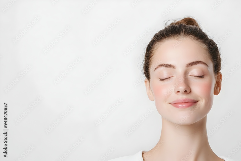 Portrait of a shy blushing young woman with a soft serene smile looking down against a clean white background in a 3D render The image captures a gentle Portrait of a shy blushing young woman with a soft serene smile looking down against a clean white background in a 3D render The image captures a gentle