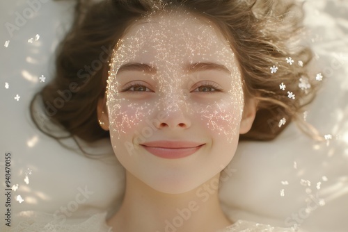 Portrait of a serene woman with soft glowing patterns around her head embodying peaceful thoughts and inner tranquility