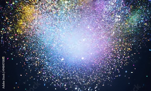 A center explosion of shimmering holographic confetti particles, reflecting multiple colors as they spread outwards. photo