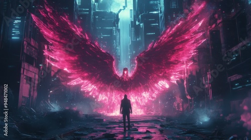 A stunning digital artwork featuring a figure with magnificent pink wings in a futuristic urban setting.