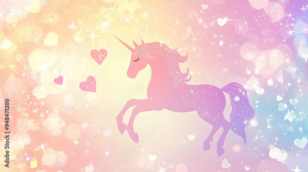 Fototapeta premium Vector pastel background with unicorn motifs, hearts, bokeh, and stars, perfect for a sweet and dreamy design.
