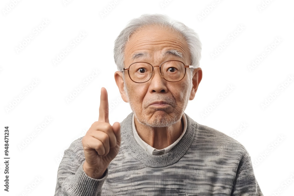 Thoughtful and Pensive Japanese Elderly Man Gesturing with Finger Pointing in a Contemplative Pose Against a Clean White Background in a 3D Rendering Thoughtful and Pensive Japanese Elderly Man Gesturing with Finger Pointing in a Contemplative Pose Against a Clean White Background in a 3D Rendering