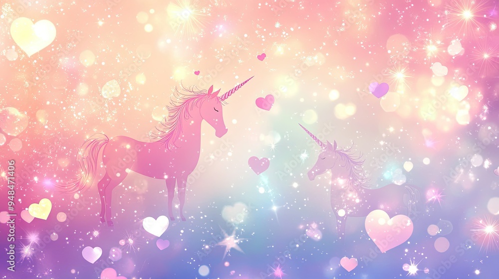 Fototapeta premium Vector pastel unicorn wallpaper with dreamy hearts, circles, bokeh, and stars, perfect for a magical and sweet design.