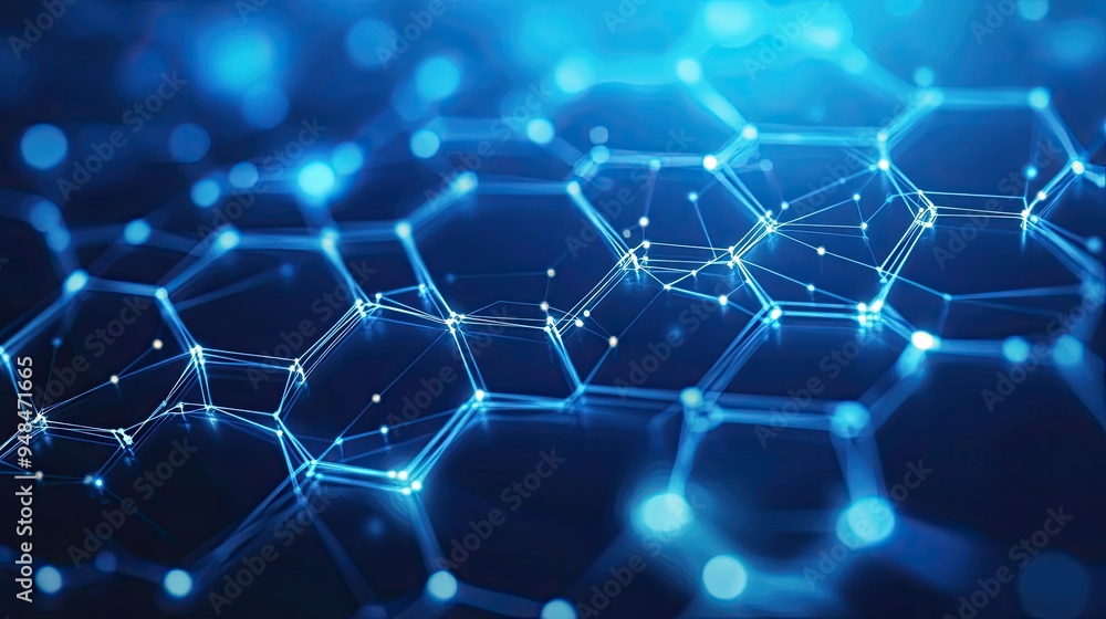 Obraz premium Vector-based technology background with interconnected hexagons, glowing digital patterns, and a modern blue color scheme