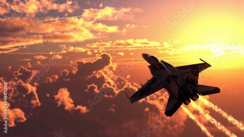 Create a dramatic scene of a military fighter jet performing an aerial maneuver, leaving trails of smoke against a vibrant sunset sky.  photo