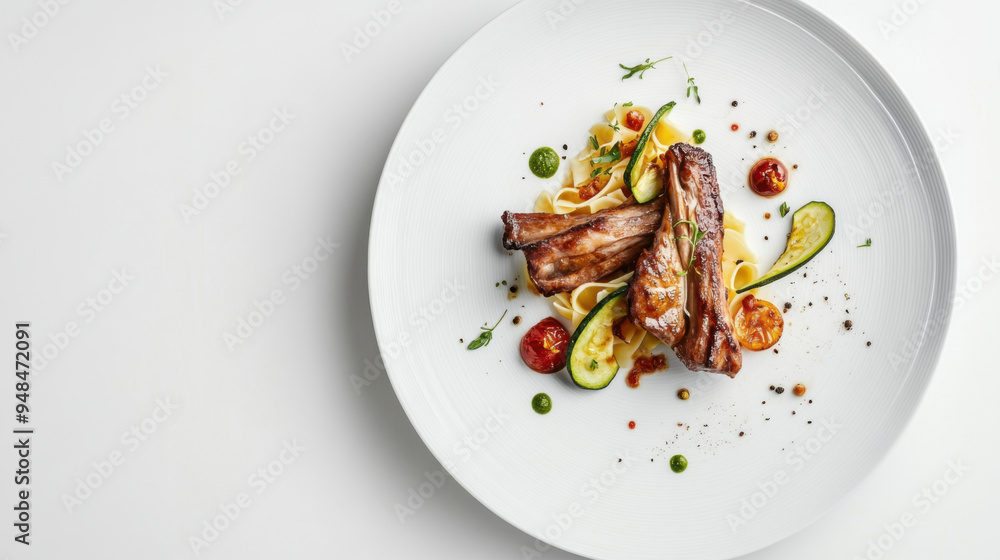 Contemporary white plate with ribs, zucchini, and pasta in a minimalist style Contemporary white plate with ribs, zucchini, and pasta in a minimalist style