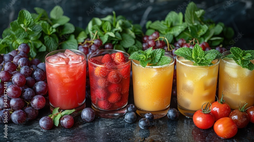 watermelon, grapes, strawberry, mango, lemon, fresh fruit juices with ice in glasses on a black marble table, refreshing drinks, summer beverages, healthy, wallpaper watermelon, grapes, strawberry, mango, lemon, fresh fruit juices with ice in glasses on a black marble table, refreshing drinks, summer beverages, healthy, wallpaper