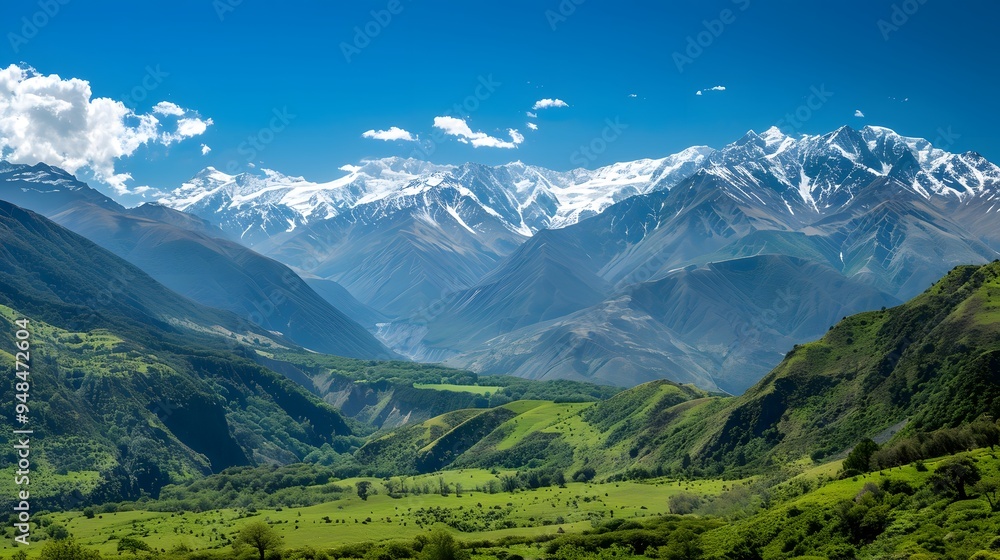 Panoramic view of a snow-capped mountain range in the distance, with lush green valleys and rolling hills in the foreground. The sky is a bright blue with white clouds. Panoramic view of a snow-capped mountain range in the distance, with lush green valleys and rolling hills in the foreground. The sky is a bright blue with white clouds.