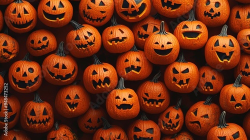 A vibrant collection of carved pumpkins with various expressions, perfect for Halloween-themed projects or decorations.