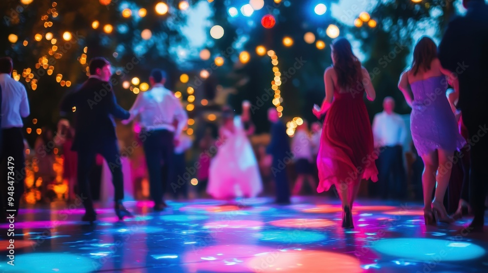 A vibrant dance scene with colorful lights and joyful people enjoying a celebration under a starry night sky. A vibrant dance scene with colorful lights and joyful people enjoying a celebration under a starry night sky.