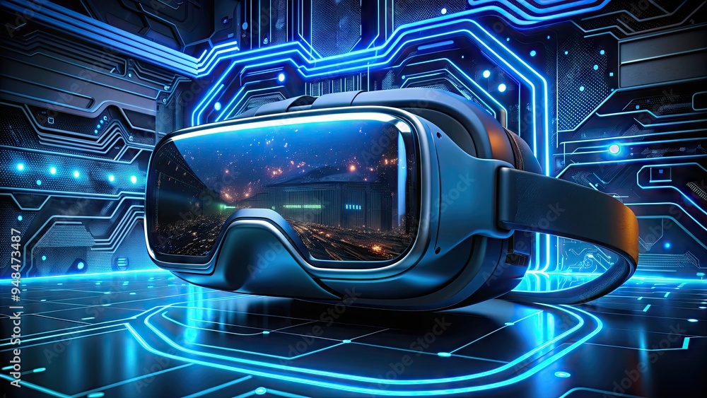 High-tech futuristic VR headset with glowing blue screens and sleek ...