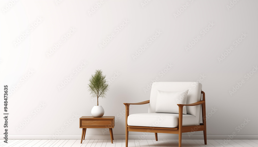 Minimalist Living Room with White Armchair and Small Plant Minimalist Living Room with White Armchair and Small Plant