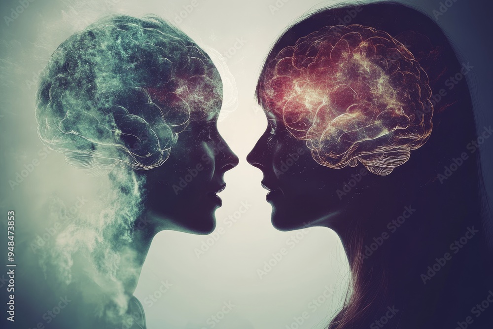 Artistic visualization of two people with brains on display symbolizing deep mental connection and shared intellectual energy Artistic visualization of two people with brains on display symbolizing deep mental connection and shared intellectual energy