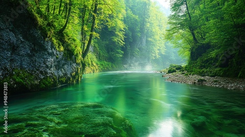 Vintgar Gorge Tranquility: Serene scene of the Radovna River flowing gently through Vintgar Gorge, with its emerald waters and verdant surroundings.