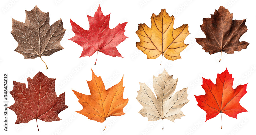A collection of dried maple leaves in various colors including brown, red, orange, yellow, and beige, arranged on a dark background. A collection of dried maple leaves in various colors including brown, red, orange, yellow, and beige, arranged on a dark background.