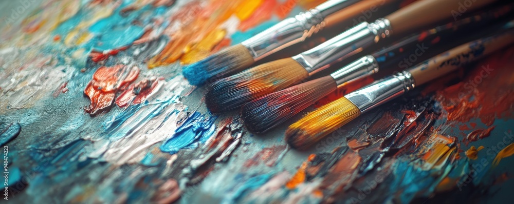 Obraz premium Close-up of artistic paintbrushes resting on a palette filled with vibrant colors, showcasing creativity and artistic expression.
